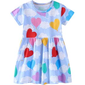 FreeLu Toddler Girls Cotton Summer Short Sleeve Dress Cartoon Print Casual Jersey Dresses