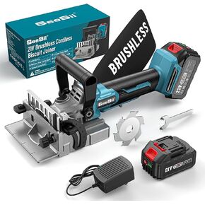 SeeSii Cordless Biscuit Joiner, Brushless Plate Joiner Kit with 4.0Ah Battery, 9000RPM Powerful Motor, Adjustable Angle And Dust Bag Included, Biscuit Wood Cutter Kit for Woodworking