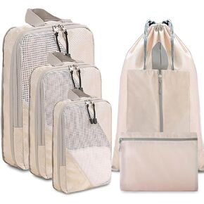 Packing Cubes for Travel, 9 Set Luggage Organizers with Shoe Bag, Electronics Bag, Cosmetics Bag, Compression Cells, Accessories Bags Made With Wearable Waterproof Fabric (9 PCS - Beige)