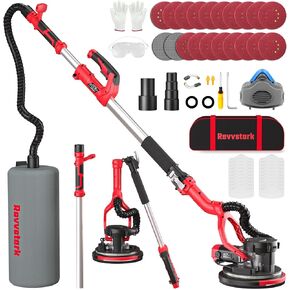 Drywall Sander, Electric Drywall Sander with Vacuum Dust Collection 7.33-Amp 880W, Floor Sanders 5 Variable Speed 1000-2100RPM with LED Light, 18Pcs Sanding Discs & 2Pcs Grid Sandpaper, Dust Mask—Red