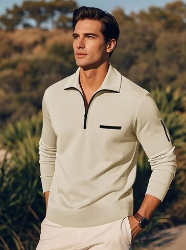 Men's Quarter Zip Up Long Sleeve Polo Shirt Casual Stylish Slim Fit Golf Polo Shirt Pullover Lightweight Polo Shirt in Saudi Arabia