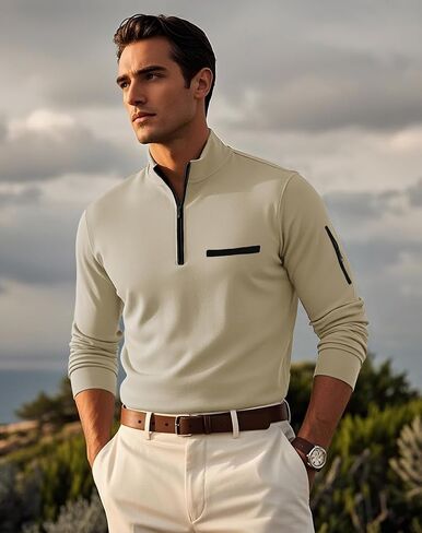 Men's Quarter Zip Up Long Sleeve Polo Shirt Casual Stylish Slim Fit Golf Polo Shirt Pullover Lightweight Polo Shirt in Saudi Arabia