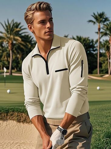 Men's Quarter Zip Up Long Sleeve Polo Shirt Casual Stylish Slim Fit Golf Polo Shirt Pullover Lightweight Polo Shirt in Saudi Arabia