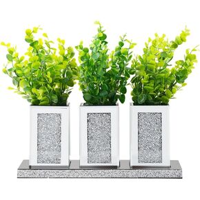 Pibeyer Crystal Crush Diamond Jar Table Centerpiece Decorations for Dining Room, Coffee Table Decor Wooden Tray with 3 Mirrored Jars Artificial Plants for Kitchen, Living Room, Home Décor