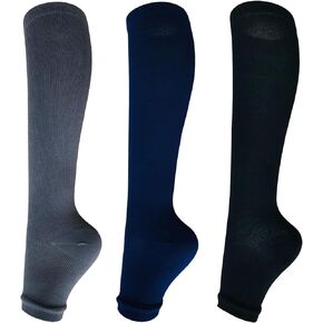3Pairs Toeless Open Toe 15-20mmHg Compression Socks for Men Women Support Knee High Stockings (Gray+Navy+Black, S/M)