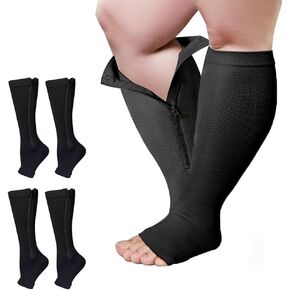2 Packs Plus Size Compression Socks with Zipper, Knee High 15-20mmHg Socks for Women Men Open Toe Support Socks