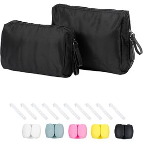 Yesesion 2 Pack Electronics Organizer with Wire Ties, Portable Travel Cable Storage Case for Power Cords, Phone Charger, Earphones, Waterproof Carry Bag for Daily, Bushiness Trip Use (Black)