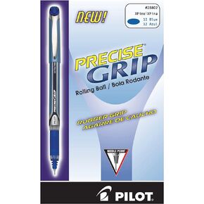 PILOT Precise Grip Liquid Ink Rollerball Pens, Extra Fine Point, 0.5 mm, Blue Metallic Barrel, Blue Ink, Pack of 12 Pens
