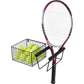MyGift Hanging Metal Tennis Racquet and Tennis Ball Storage Basket Rack, Wall Mounted Racket Holder
