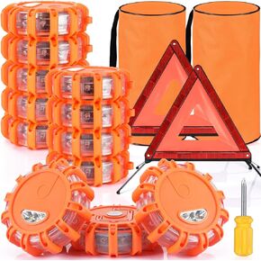 12 Pack LED Road Flare Car Emergency Safety Kit with 2 Pack Warning Triangle, Warning Beacon Flashing Lights with 9 Flashing Modes and Magnetic Base for Vehicles, Trucks