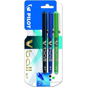 Pilot V Ball 07 Liquid Ink Rollerball Pens 0.7mm Tip Black/Blue/Green Ink Blistercard 3 Pens, 3131910540878UK