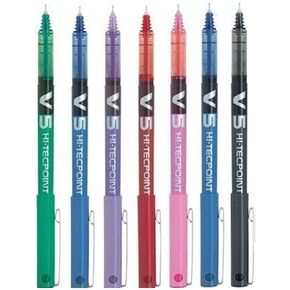 Pilot Bx V5 Assorted Colour Pack Hi-Tecpoint Extra Fine Rollerball Pen 0.5Mm Nib Tip 0.3Mm Line Width (Black Red Blue Green Violet Pink Light Blue) 1 Of Each Colour (7 Pens) Assorted Pack