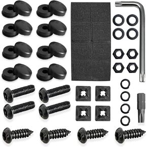 Black Anti Theft License Plate Screws Kits, Rustproof Stainless Steel Car Tag Plate Mounting Hardware M6 (1/4") Tamper Proof, Matte Black Caps Covers Fastener Nut for Front Rear Frame Holder Mounting