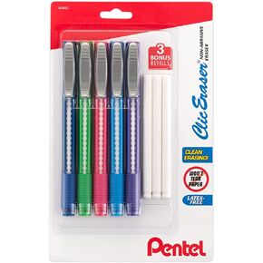 Pentel Clic Eraser - Retractable Eraser with Pen Style Grip - Pack of 5 Assorted Colors with 3 Refills - Big Pencil Eraser for Drawing, Art, Office, and School Supplies, for Adults & Kids