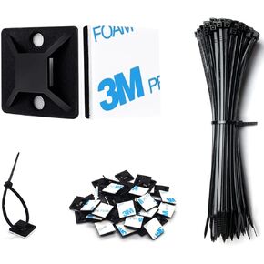 Strong Back-Glue Self Adhesive Cable Zip Tie Mounts Kit - 100 Set Cable Management Clips with 6" Zip Ties, Wire Holders - Outdoor Sticky Wire Organizer Clips-Black