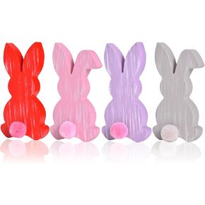 4 قطع ديكور أرنب عيد الفصح، ديكور أرنب خشبي مع ذيول بوم بوم، لافتات خشبية ملونة للطاولة مع خطوط بيضاء، قطعة مركزية من خشب عيد الفصح للمنزل والربيع الداخلي (مجموعة خضراء) in Kuwait