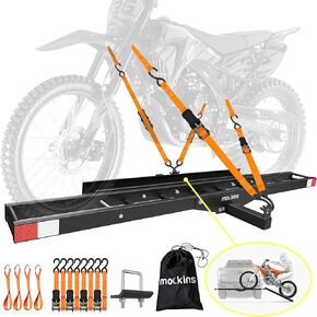 Mockins 500Lbs Cap Anti-Tilt Motorcycle Hitch Carrier w/Ramp | 73" Dirt Bike Hitch Carrier | Heavy Duty Steel Motorcycle Carrier Hitch Mount | Motorcycle Rack for Hitch w/Ramp, Straps, & Stabilizer