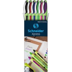 Schneider Xpress Premium Fineliner, 0.8 mm Porous Point, Light Green Barrel, Assorted Ink Colors, Wallet of 6 Pens: Black, Red, Blue, Green, Violet, Pink (190086)