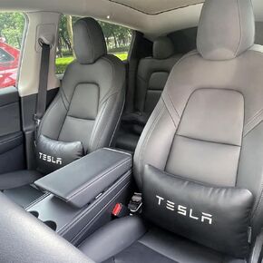 TESBEAUTY Lumbar Support Pillow 2 Packs Uniquely Designed for Tesla Model Y/3/X/S Lower Back Support Cushion Camping Pillow Vegan Leather Black