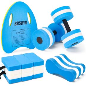 NEAGLORY 5 Pieces Water Aerobics Set Aquatic Exercise Set Pool Fitness Equipment Foam Water Dumbbell, Swim Kickboard, Pull Buoy, Aquatic Swim Belt for Water Exercise
