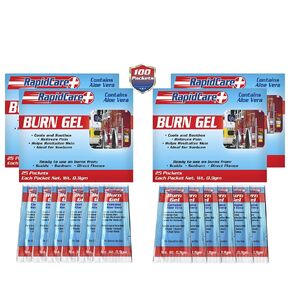 Rapid Care First Aid 401-25-4 Emergency Burn Gel Pouches,Relieves Pain, Cools & Soothes Burns and Scalds, Contains Aloe Vera, Lidocaine Free, 0.03oz (0.9gm) Packets, 4 Packs of 25 (Total 100)