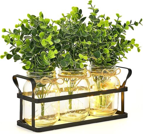 Dahey Lights Mason Jar قطع مركزية للطاولة لغرفة الطعام، ديكور المطبخ، المزرعة، صينية معدنية ريفية مع 3 ديكورات طاولة نباتية صناعية لتناول القهوة، غرفة المعيشة، المطبخ in Kuwait