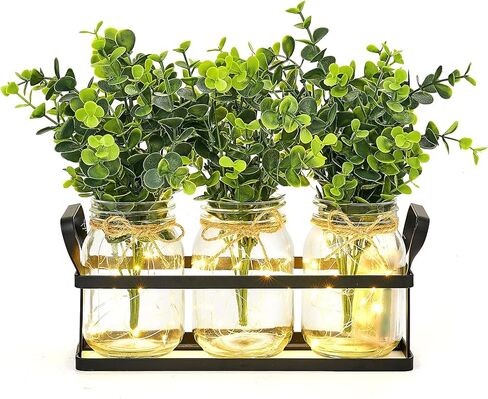 Dahey Lights Mason Jar قطع مركزية للطاولة لغرفة الطعام، ديكور المطبخ، المزرعة، صينية معدنية ريفية مع 3 ديكورات طاولة نباتية صناعية لتناول القهوة، غرفة المعيشة، المطبخ in Kuwait