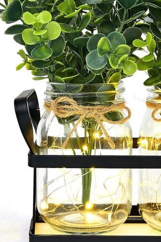 Dahey Lights Mason Jar قطع مركزية للطاولة لغرفة الطعام، ديكور المطبخ، المزرعة، صينية معدنية ريفية مع 3 ديكورات طاولة نباتية صناعية لتناول القهوة، غرفة المعيشة، المطبخ in Kuwait