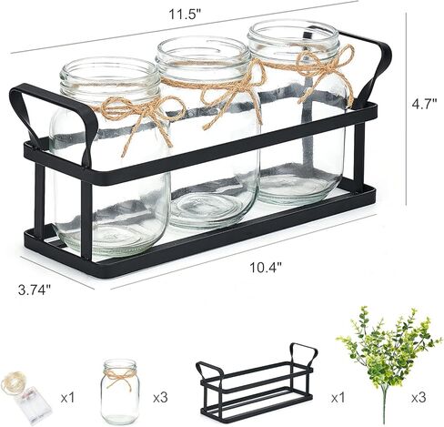 Dahey Lights Mason Jar قطع مركزية للطاولة لغرفة الطعام، ديكور المطبخ، المزرعة، صينية معدنية ريفية مع 3 ديكورات طاولة نباتية صناعية لتناول القهوة، غرفة المعيشة، المطبخ in Kuwait