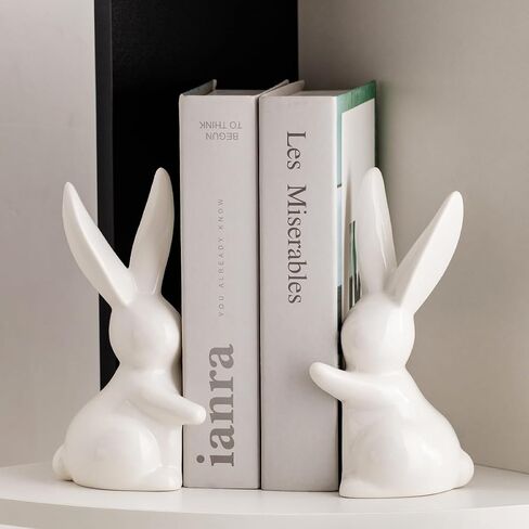 Decorative Ceramic Book Ends, Quirky Rabbit Bookends, Bunny Book Holders Stopper for Shelves Art Bookend - Silver in Saudi Arabia