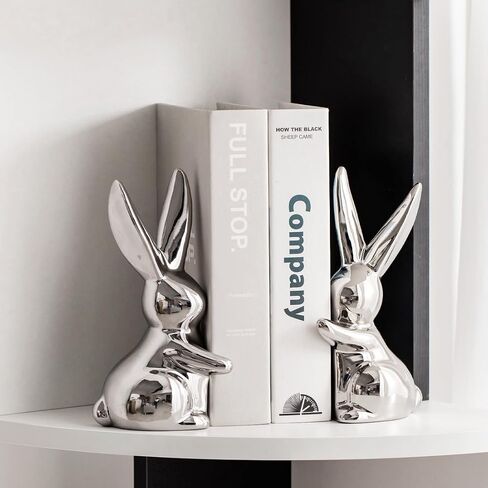 Decorative Ceramic Book Ends, Quirky Rabbit Bookends, Bunny Book Holders Stopper for Shelves Art Bookend - Silver in Saudi Arabia