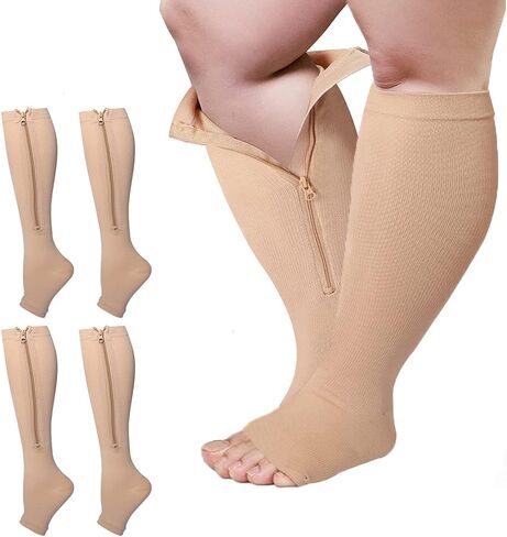2 Packs Plus Size Compression Socks with Zipper, Knee High 15-20mmHg Socks for Women Men Open Toe Support Socks in Saudi Arabia