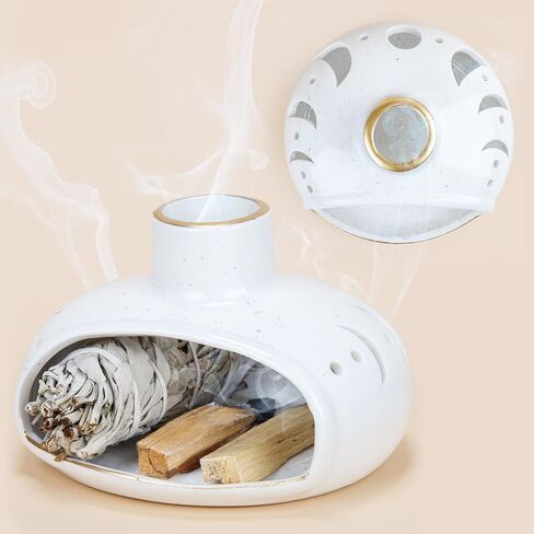 ZenBless 3 in 1 Incense Holder for Palo Santo Sticks Sage Bundles Cone Incense, Handcrafted Ceramic Incense Burner Holder Ash Catcher with Chimney, Smudge Bowl for Yoga Meditation Room Home Decor in Saudi Arabia