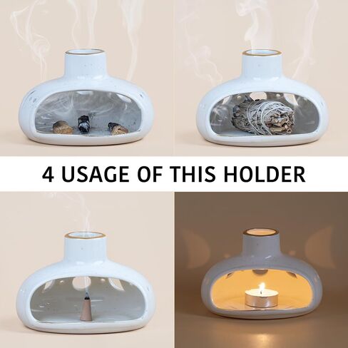 ZenBless 3 in 1 Incense Holder for Palo Santo Sticks Sage Bundles Cone Incense, Handcrafted Ceramic Incense Burner Holder Ash Catcher with Chimney, Smudge Bowl for Yoga Meditation Room Home Decor in Saudi Arabia