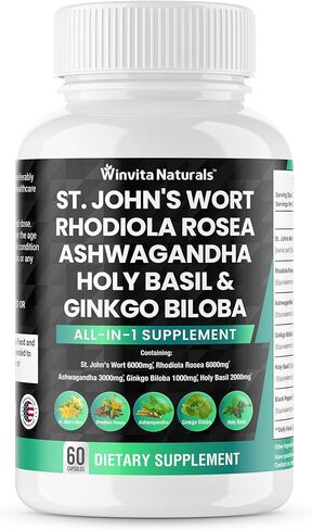 نبتة سانت جونز 6000 مجم رهوديولا الوردية 6000 مجم أشواغاندا 3000 مجم ريحان مقدس 2000 مجم - مكمل لدعم المزاج للنساء والرجال مع مستخلص الفلفل الأسود كبسولات نباتية في الولايات المتحدة الأمريكية in Kuwait