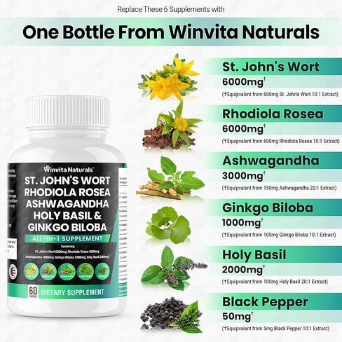 نبتة سانت جونز 6000 مجم رهوديولا الوردية 6000 مجم أشواغاندا 3000 مجم ريحان مقدس 2000 مجم - مكمل لدعم المزاج للنساء والرجال مع مستخلص الفلفل الأسود كبسولات نباتية في الولايات المتحدة الأمريكية in Kuwait