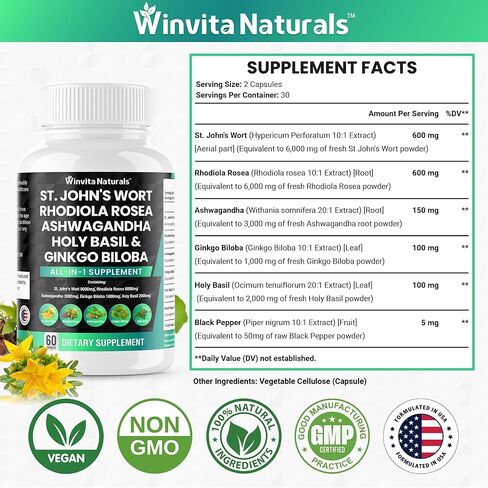 نبتة سانت جونز 6000 مجم رهوديولا الوردية 6000 مجم أشواغاندا 3000 مجم ريحان مقدس 2000 مجم - مكمل لدعم المزاج للنساء والرجال مع مستخلص الفلفل الأسود كبسولات نباتية في الولايات المتحدة الأمريكية in Kuwait