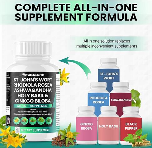نبتة سانت جونز 6000 مجم رهوديولا الوردية 6000 مجم أشواغاندا 3000 مجم ريحان مقدس 2000 مجم - مكمل لدعم المزاج للنساء والرجال مع مستخلص الفلفل الأسود كبسولات نباتية في الولايات المتحدة الأمريكية in Kuwait