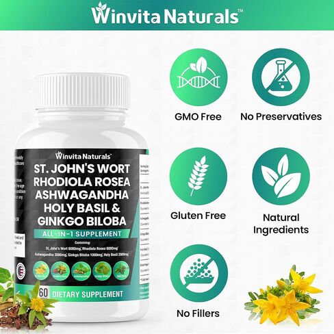 نبتة سانت جونز 6000 مجم رهوديولا الوردية 6000 مجم أشواغاندا 3000 مجم ريحان مقدس 2000 مجم - مكمل لدعم المزاج للنساء والرجال مع مستخلص الفلفل الأسود كبسولات نباتية في الولايات المتحدة الأمريكية in Kuwait
