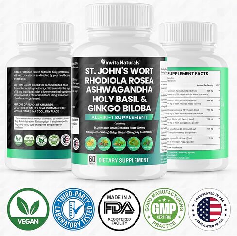 نبتة سانت جونز 6000 مجم رهوديولا الوردية 6000 مجم أشواغاندا 3000 مجم ريحان مقدس 2000 مجم - مكمل لدعم المزاج للنساء والرجال مع مستخلص الفلفل الأسود كبسولات نباتية في الولايات المتحدة الأمريكية in Kuwait