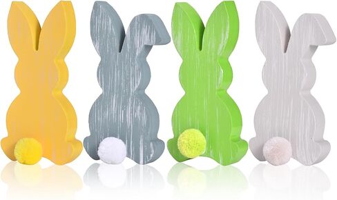 4Pcs Easter Bunny Decor, Wooden Bunny Decoration with Pompom Tails, Colorful Table Wooden Signs with White Stripes, Easter Wood Bunny Centerpiece for Home Indoor Spring (Pink Set) in Saudi Arabia