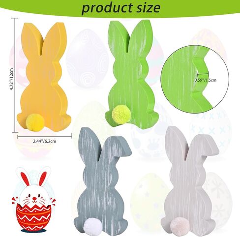 4Pcs Easter Bunny Decor, Wooden Bunny Decoration with Pompom Tails, Colorful Table Wooden Signs with White Stripes, Easter Wood Bunny Centerpiece for Home Indoor Spring (Pink Set) in Saudi Arabia