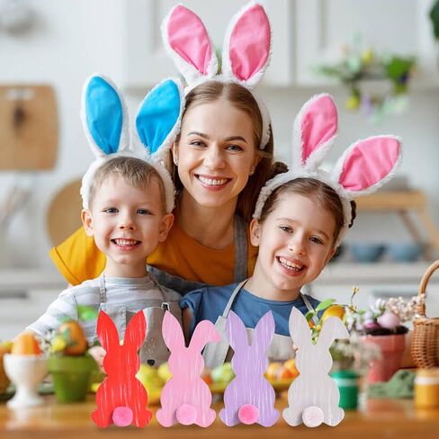 4Pcs Easter Bunny Decor, Wooden Bunny Decoration with Pompom Tails, Colorful Table Wooden Signs with White Stripes, Easter Wood Bunny Centerpiece for Home Indoor Spring (Pink Set) in Saudi Arabia