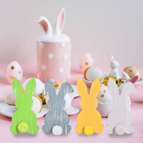 4Pcs Easter Bunny Decor, Wooden Bunny Decoration with Pompom Tails, Colorful Table Wooden Signs with White Stripes, Easter Wood Bunny Centerpiece for Home Indoor Spring (Pink Set) in Saudi Arabia
