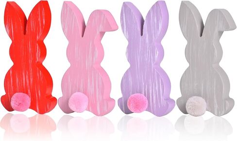 4 قطع ديكور أرنب عيد الفصح، ديكور أرنب خشبي مع ذيول بوم بوم، لافتات خشبية ملونة للطاولة مع خطوط بيضاء، قطعة مركزية من خشب عيد الفصح للمنزل والربيع الداخلي (مجموعة خضراء) in Kuwait