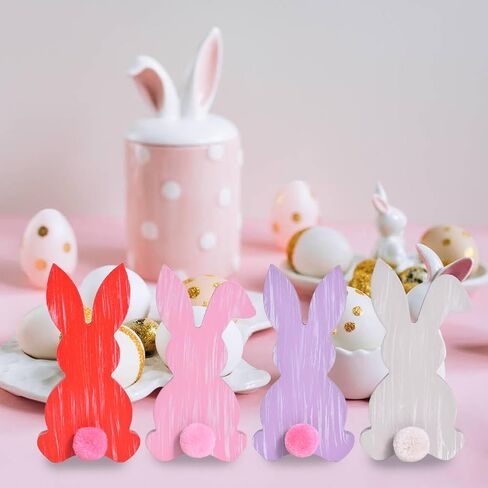 4 قطع ديكور أرنب عيد الفصح، ديكور أرنب خشبي مع ذيول بوم بوم، لافتات خشبية ملونة للطاولة مع خطوط بيضاء، قطعة مركزية من خشب عيد الفصح للمنزل والربيع الداخلي (مجموعة خضراء) in Kuwait