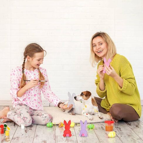 4 قطع ديكور أرنب عيد الفصح، ديكور أرنب خشبي مع ذيول بوم بوم، لافتات خشبية ملونة للطاولة مع خطوط بيضاء، قطعة مركزية من خشب عيد الفصح للمنزل والربيع الداخلي (مجموعة خضراء) in Kuwait