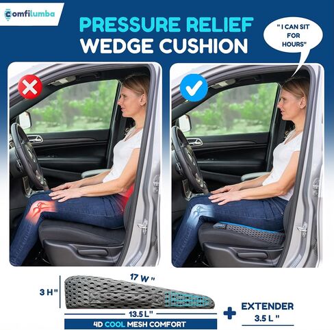 4D Mesh Car Seat Cushion for Car Seat Driver (w/Detachable Leg Extender) Gel Infused Memory Foam - Wedge Seat Cushion Ideal for Car Truck, Chair for Sciatica Hip Pain Relief in Saudi Arabia