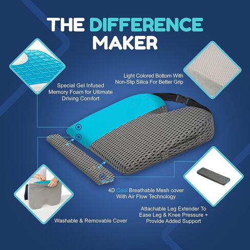 4D Mesh Car Seat Cushion for Car Seat Driver (w/Detachable Leg Extender) Gel Infused Memory Foam - Wedge Seat Cushion Ideal for Car Truck, Chair for Sciatica Hip Pain Relief in Saudi Arabia