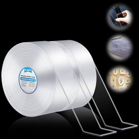 شريط مزدوج الجوانب عالي التحمل (بكرتان بطول 19.8 قدم)، شريط تثبيت مزدوج الجوانب متعدد الأغراض، لاصق قوي، شريط لاصق مغسول وقابل لإعادة الاستخدام، شريط نانو للمنزل والتلفزيون والمكتب والسيارة والمطبخ in Kuwait